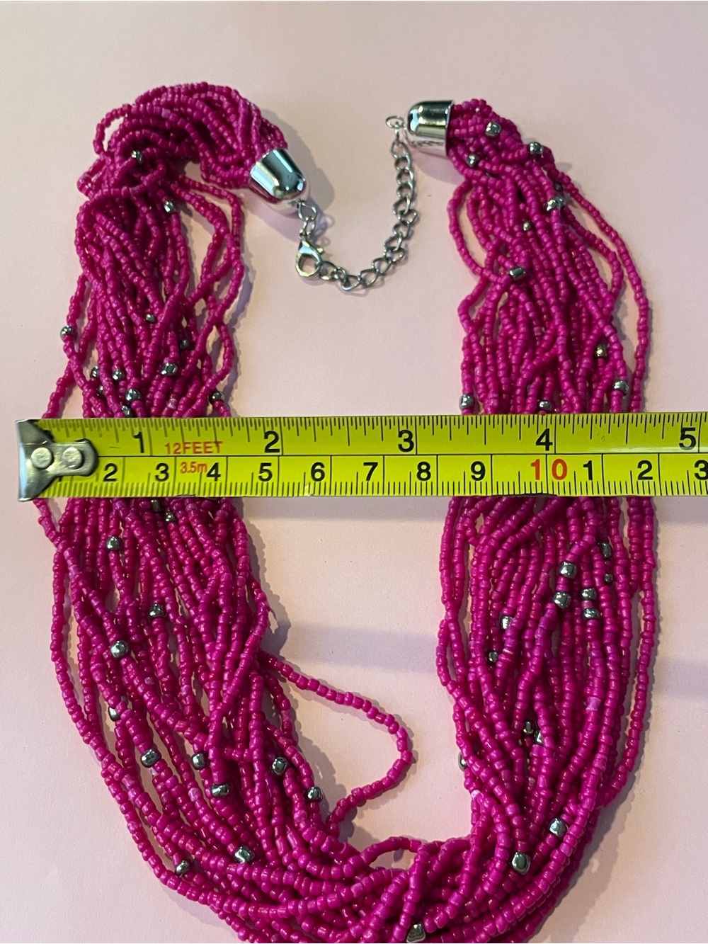 Hot Pink Seed Bead Silver Tone Spacer & Chain Necklace #7135 - Picture 7 of 7
